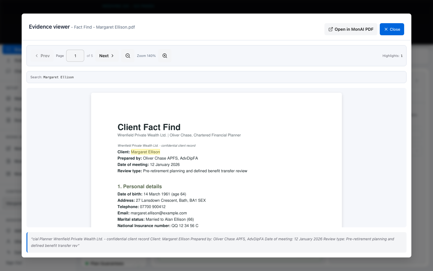 The MonAI Workspace evidence viewer showing the source page with the matched text highlighted