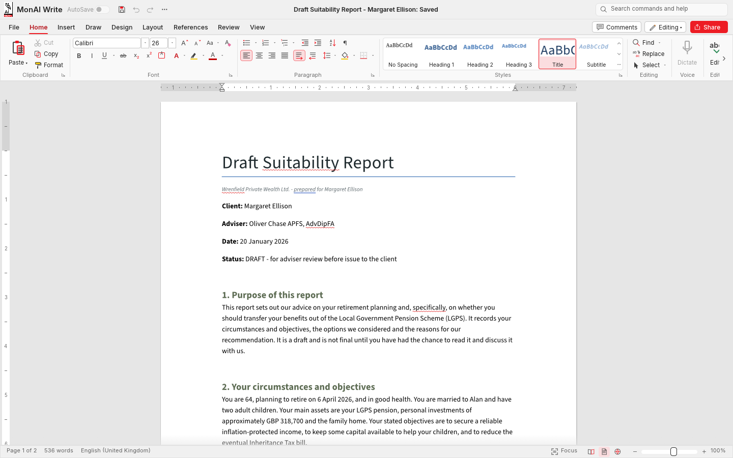 The MonAI Write editor with a draft suitability report open on the firm letterhead