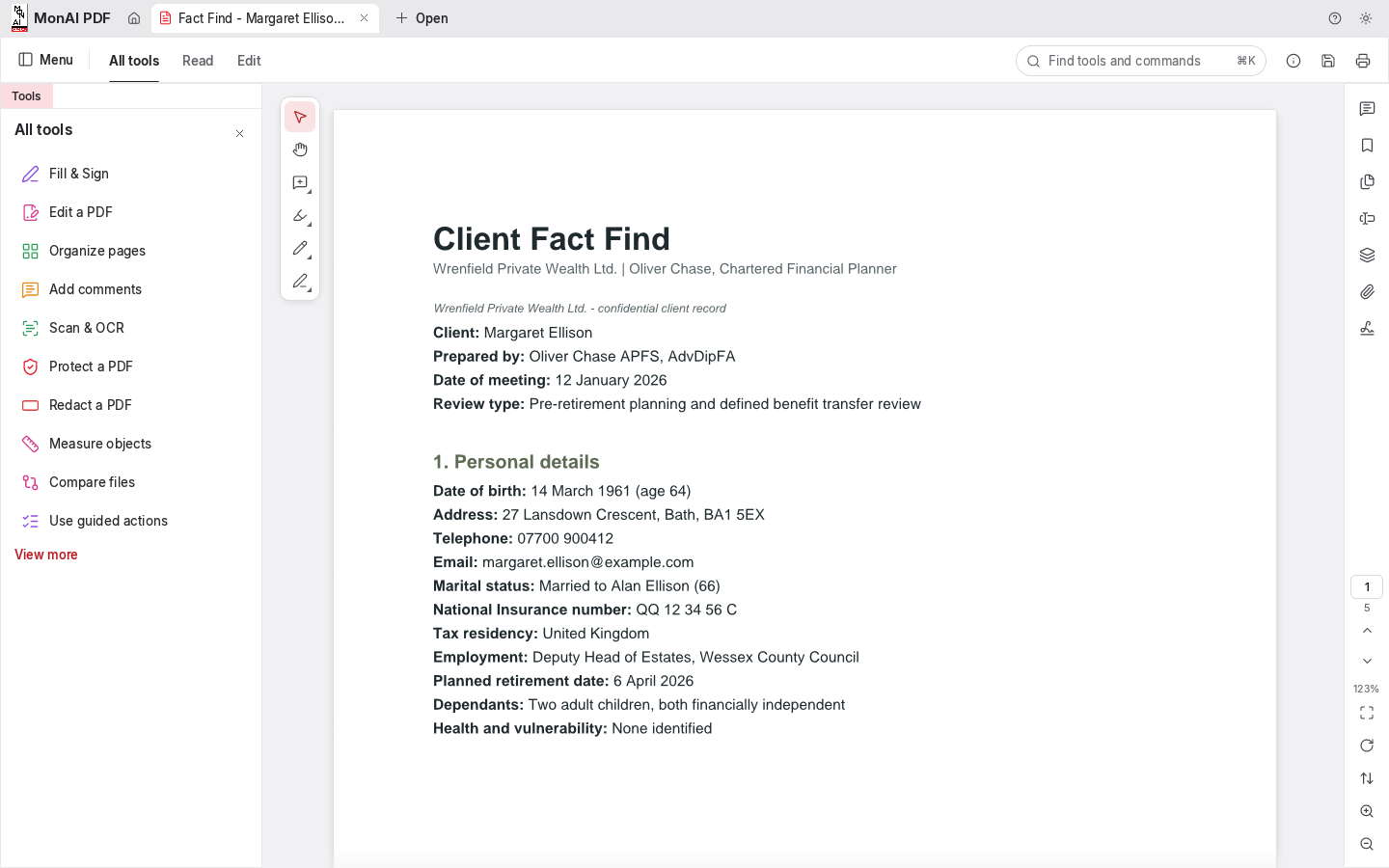 The MonAI PDF workbench with the client fact find open and the tools rail alongside