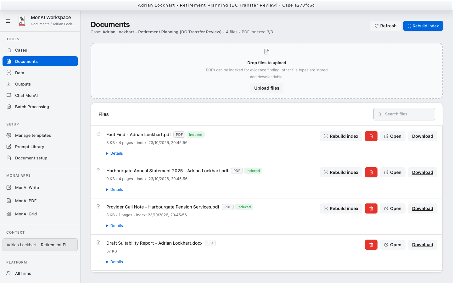 The MonAI Workspace Documents screen reading a batch of case files with page-level indexing